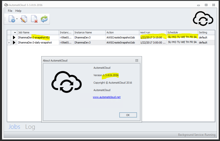 Automaticloud version &amp; jobs